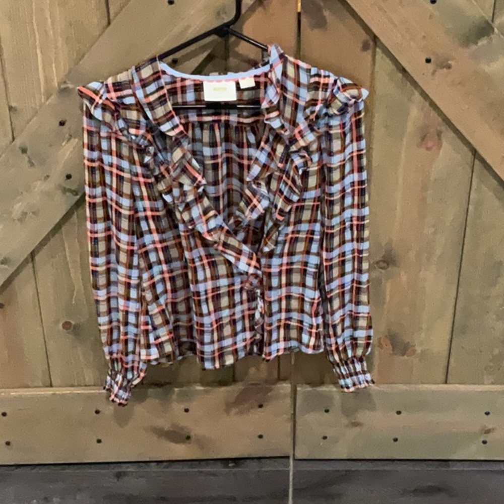 Anthropologie Maeve Laila Plaid Ruffle Chiffon Blouse